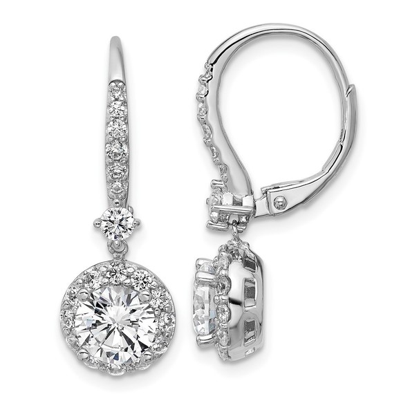 925 Sterling Silver Rh-plated Polished Round CZ Halo Leverback